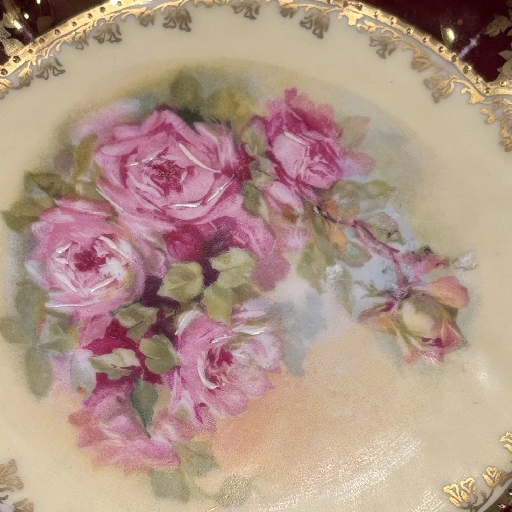 Antique PM Bavaria Hand Painted Porcelain Plate Red Gold Gilt Floral Germany